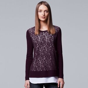 Simply Vera Wang Mock Layer Lace Sweater Plum Color Size M